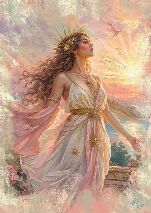 A fantasy painting of a goddess-like woman with flowing hair wearing a golden crown and white/pink robes, standing against a sunset with a bird flying nearby.