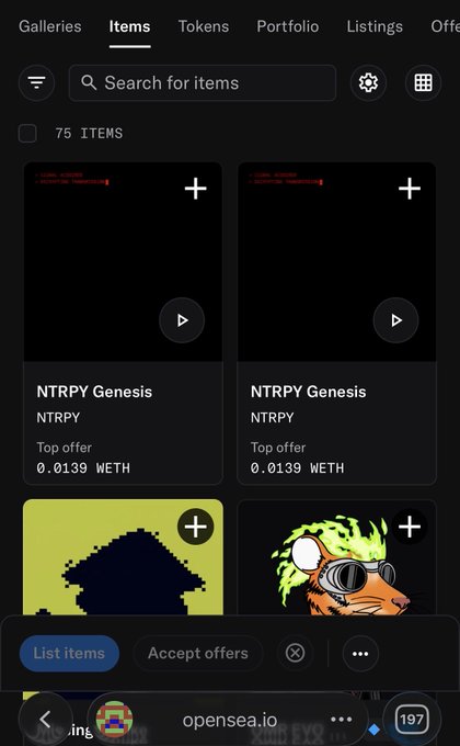 A screenshot of the OpenSea mobile app showing an 'Items' tab with 75 items, including two 'NTRPY Genesis' NFT listings with a top offer of 0.0139 WETH, plus other pixel art and character thumbnails.