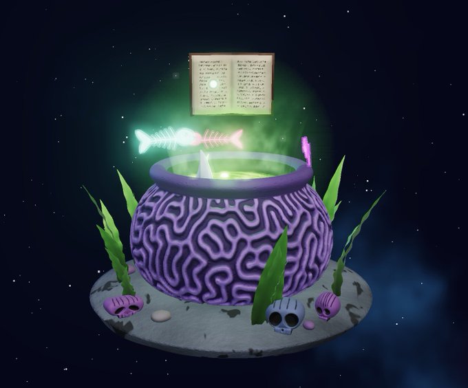 A 3D-rendered spooky cauldron scene featuring a purple brain-patterned pot filled with glowing green liquid, floating fish bone and spell book, surrounded by skulls and green seaweed against a starry night background.
