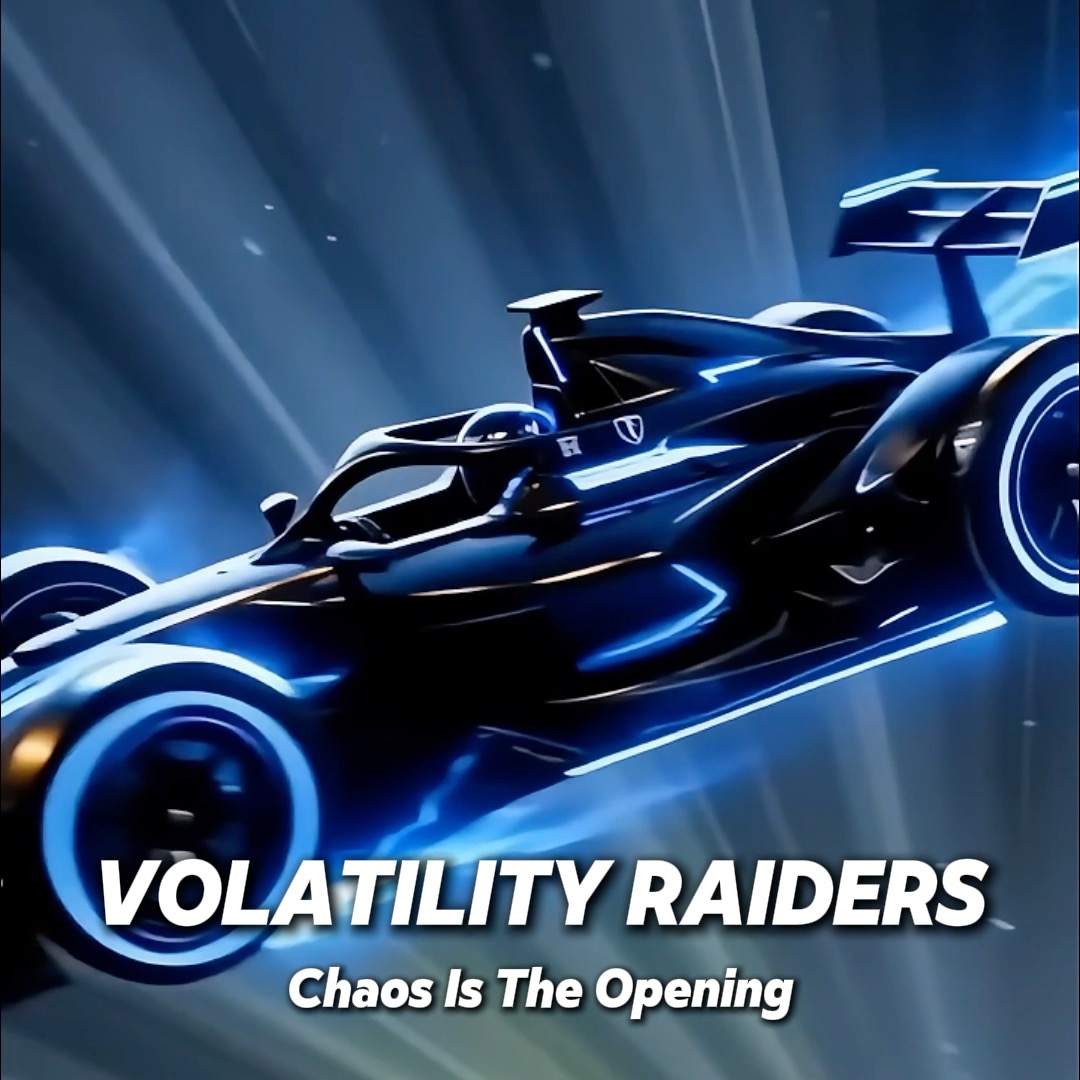 A sleek Formula 1-style race car rendered in dark blue with glowing neon accents speeds through a dramatic blue-lit background, with bold text reading "VOLATILITY RAIDERS" and the tagline "Chaos Is The Opening" at the bottom, matching the post's introduction of the Volatility Raiders team competing in Toobit's TIFT 2026 Team Championship.