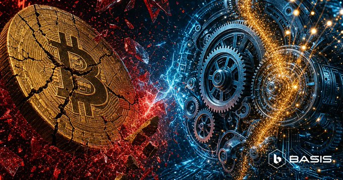 A digital artwork depicting a cracked gold Bitcoin on the left and intricate blue mechanical gears on the right, with the 'BASIS' logo in the corner.