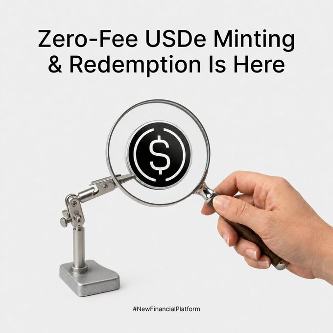 A hand holds a magnifying glass over a mechanical stand to closely examine a USDe token, under the headline "Zero-Fee USDe Minting & Redemption Is Here," visually reinforcing the announcement that Bybit now offers fee-free minting and redemption for USDe/USDC.
