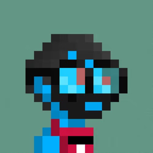 A pixel art illustration of a character with black hair and blue sunglasses against a teal background.