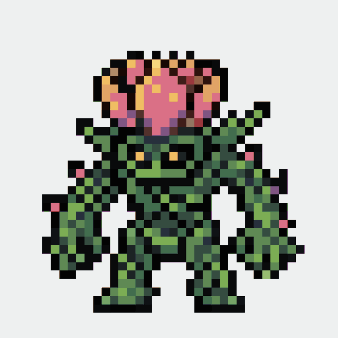 A pixel art illustration of a green armored character with a glowing pink and yellow head on a white background.