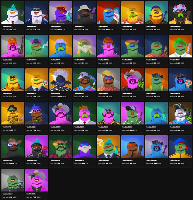 A grid of 42 colorful cartoonish duck/penguin character NFT avatars from the "Ducks" collection, each labeled with traits (e.g., "Truck Un..."), last sale prices in USD, and IDs like #0239 and #0026, with the post suggesting the holder's rare items may increase in value as rarity scores rise.