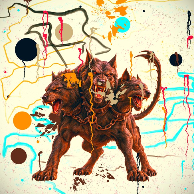 An illustration of a three-headed brown dog (Cerberus) with chains around its neck, set against a beige background decorated with colorful abstract paint splatters and circles.