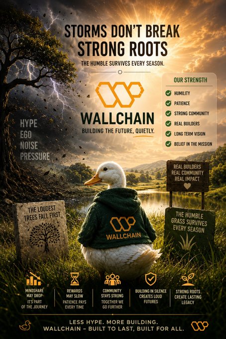 A white duck with a green hooded jacket sits on a rock, accompanied by a tree and a sign reading "Storms Don't Break Strong Roots".