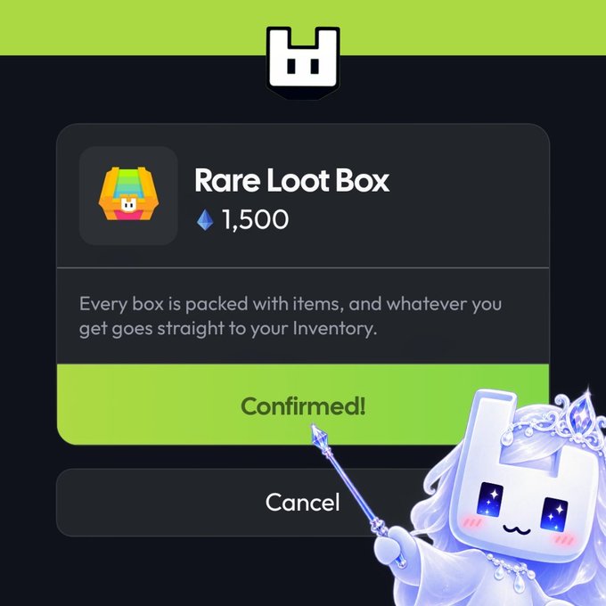 A mobile game interface showing the purchase of a 'Rare Loot Box' for 1,500 gems, with a cute mascot character pointing at the 'Confirmed!' button.