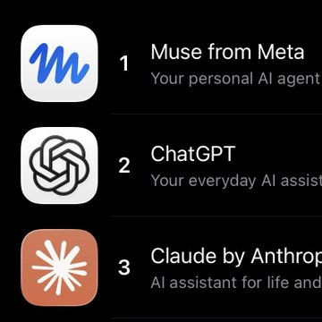 The image displays a top app chart ranking three AI assistants: "1 Muse from Meta - Your personal AI agent," "2 ChatGPT - Your everyday AI assist[ant]," and "3 Claude by Anthrop[ic] - AI assistant for life and [work]." This visual supports the post's claim that Muse (from Meta, $META) has achieved the #1 most downloaded spot, highlighting Meta's strong position in the AI assistant market alongside competitors ChatGPT and Claude.