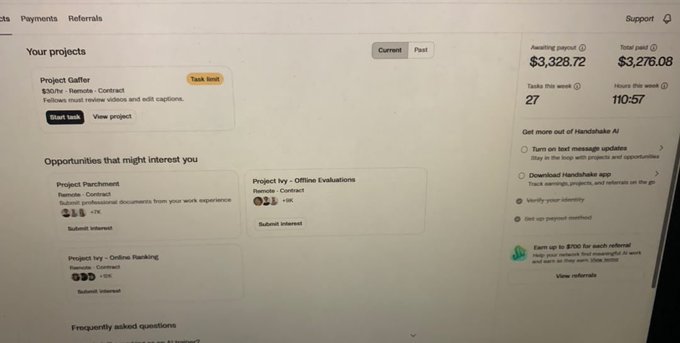 A Handshake AI dashboard showing an active Project Gaffer task earning $30/hr, with available opportunities like Project Payoutment ($11.5/hr) and Project Ivy ranking/evaluation projects.