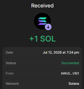 A screenshot of a successful Solana transaction showing a receipt of "+1 SOL" from address "AWnS...V6t1" on Jul 12, 2026 at 7:24 pm, demonstrating proof of payment sent as part of the $BHOODIES presale promotion.
