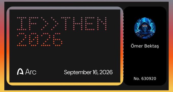 A digital graphic featuring the Arc logo and the text 'TRYTHEN 2026', dated 'September 16, 2026', alongside a user profile for 'Ömer Bektaş' with a blue hooded figure avatar.