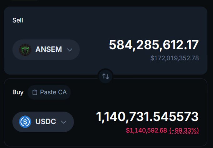 A crypto swap interface shows a sell order of 584,285,612.17 ANSEM tokens (valued at $172,019,352.78) for 1,140,731.545573 USDC, with the output showing a -99.33% loss at $1,140,592.68. The image illustrates the post's point about paper profits collapsing to near-zero value, demonstrating how a seemingly massive token balance would yield only around $1.14 million if actually executed.