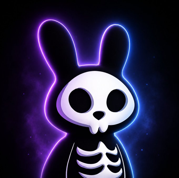 A digital illustration of a stylized skeleton rabbit character with a skull face, outlined in glowing purple and blue neon against a dark background.