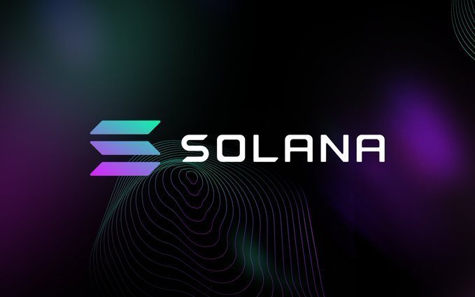 A promotional graphic displays the Solana logo and text against a dark background with purple and green accents and wavy line patterns.