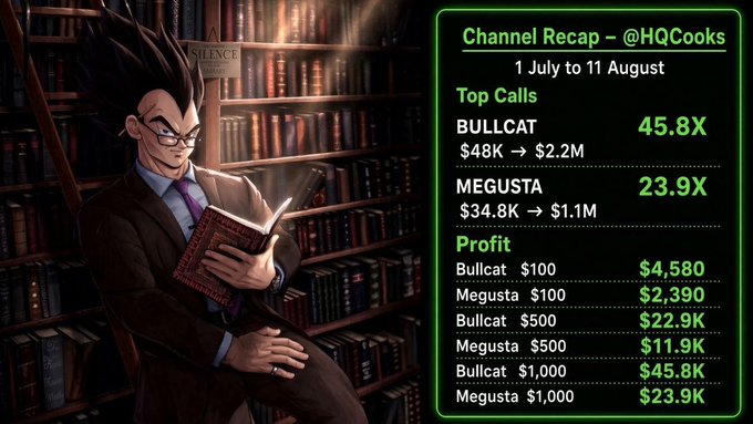 A well-dressed anime character with spiky black hair and glasses reads a book labeled "Silence" in a library, next to a "Channel Recap – @HQCooks" panel from 1 July to 11 August highlighting top calls BULLCAT (+45.8X) and MEGUSTA (+23.9X). The image supports the post's claim that finding the right memecoin in the "trenches" leads to massive gains, showcasing HQCooks' track record of identifying BULLCAT and MEGUSTA early for significant returns.