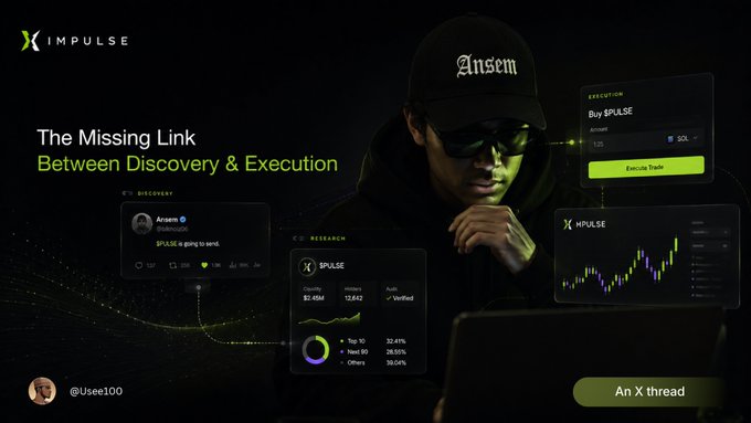 A promotional graphic for 'IMPULSE' titled 'The Missing Link Between Discovery & Execution', featuring a man in sunglasses and an 'Ansem' cap alongside dashboard mockups for $PULSE and an X thread by @Usee100.