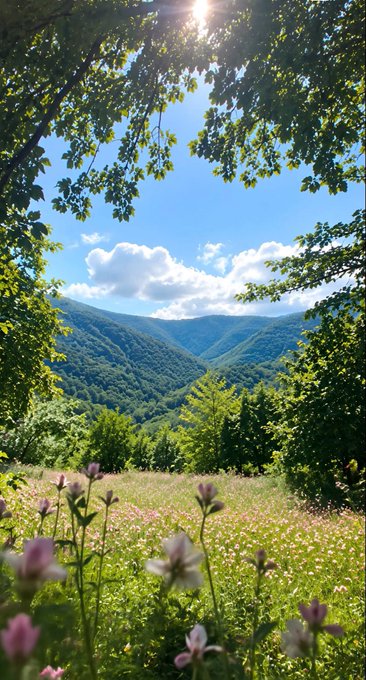A scenic mountain valley view framed by trees, featuring a wildflower meadow with pink cosmos flowers in the foreground under a blue sky.