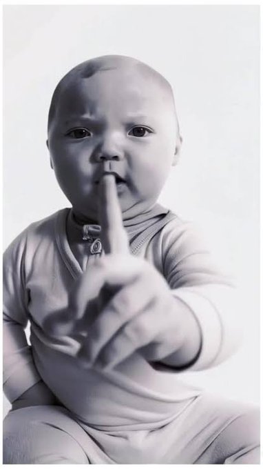 Black and white 3D render of a baby with a finger to its lips in a "shushing" gesture, pointing toward the viewer.