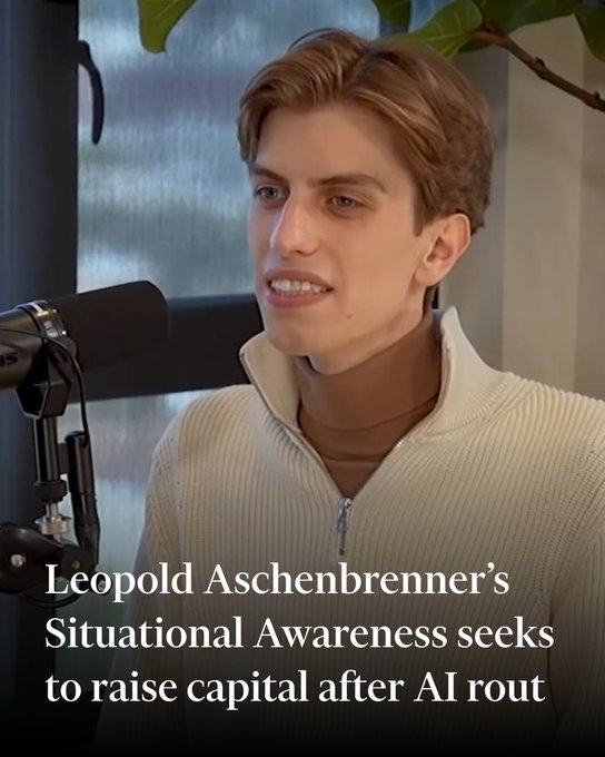 A young man speaks into a microphone during a podcast interview, with text overlay reading 'Leopold Aschenbrenner's Situational Awareness seeks to raise capital after AI rout'.