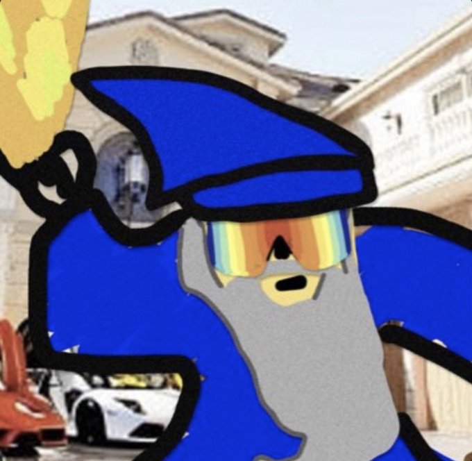 A cartoon blue character wearing rainbow-tinted sunglasses and a blue cap stands confidently in front of luxury cars and a mansion, embodying the post's message of progress, positivity, and bullish prosperity signed "~The Bitcoin Bull."