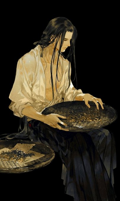 A digital illustration in an anime/traditional Japanese style depicting a figure with long dark hair holding a large black bowl against a black backdrop.