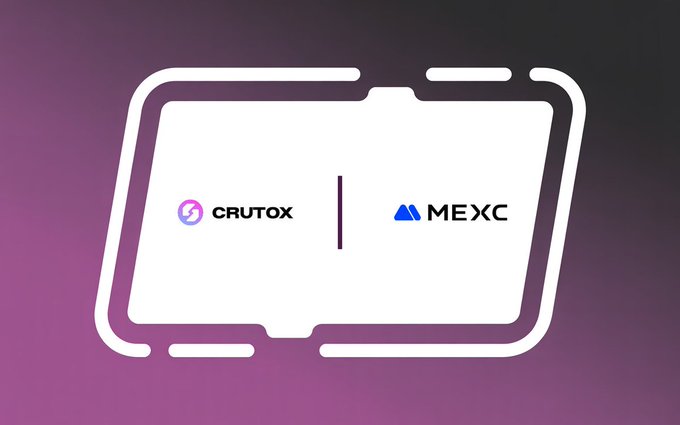 The image features a square frame with a purple background that displays two logos - one of which is "Crutox" written in white letters, and the other is "MEXC" written in black letters. The text "@MEXC is now our official listing partner." indicates that MEXC has officially listed Crutox as their partner. This partnership signifies a significant milestone for both companies, as it opens up new opportunities for growth and visibility within the industry.