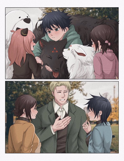 A two-panel fan art illustration by "SOLI" shows anime-style characters interacting with animals in the top panel, including a large white polar bear, black wolf, and white goat, while the bottom panel depicts three human characters conversing in a park setting.