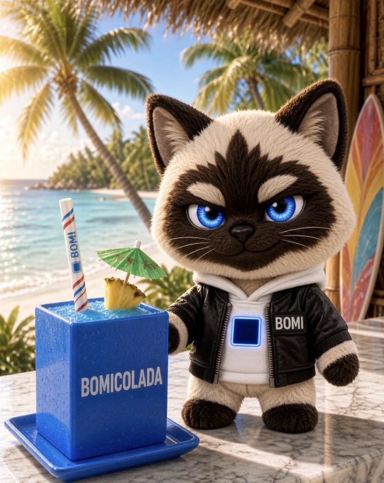 A 3D-rendered cartoon Siamese cat wearing a black jacket with 'BOMI' on the chest, standing next to a blue drink labeled 'BOMICOLADA' with a striped straw and a small umbrella on a beach setting.