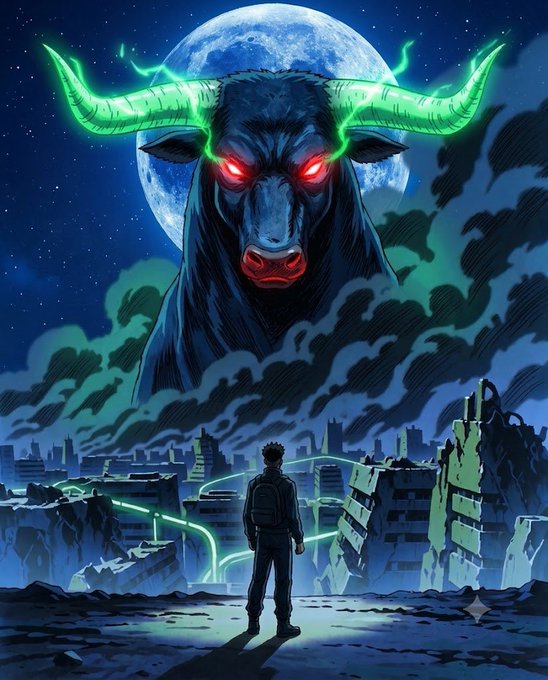 An anime-style illustration of a figure facing a giant dark bull with glowing red eyes and green horns under a full moon over a ruined cityscape.