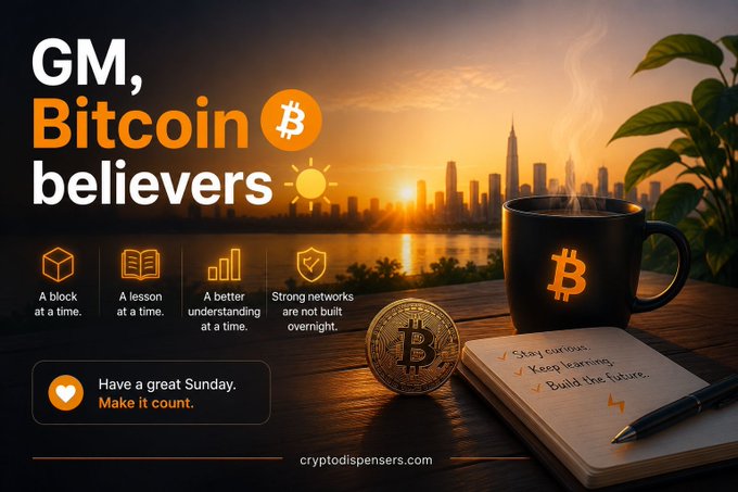 The image features a black mug with an orange Bitcoin symbol, accompanied by a notebook and a book titled "Have a great Sunday. Make it count." These items suggest that the person who created this image might be interested in cryptocurrency or blockchain technology. The message of patience and understanding is emphasized through the use of symbols like the Bitcoin symbol and the words "block" and "at a time," which indicate that progress takes time, effort, and careful consideration.