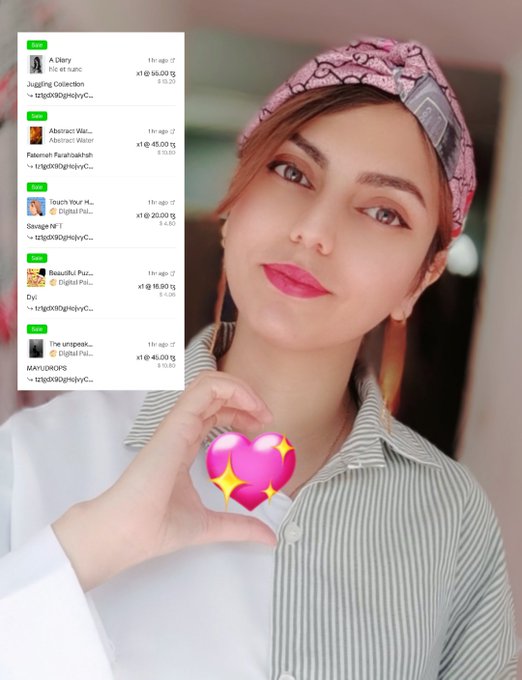 A woman wearing a pink cap and striped shirt making a heart shape with her hands, with a pink heart emoji overlay and a list of NFT transactions visible on the left side.
