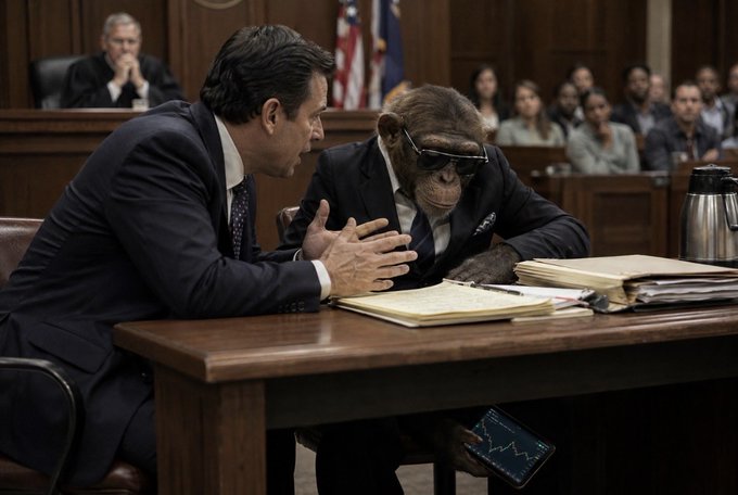 A suited lawyer leans across the table to whisper conspiratorially to his chimpanzee client during a courtroom proceeding, while the ape glances down at a smartphone displaying a stock chart—matching the caption's reference to an attorney eagerly wanting to wrap up the hearing because his stock portfolio is in motion.