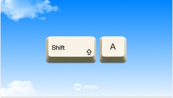 Two large keyboard keys—Shift and A—are displayed against a sky-blue background with clouds, with the "umbra" logo below. The oversized "Shift+A" keys likely symbolize Umbra's hiring call for a product designer to help "level up" or accelerate the company's design direction.
