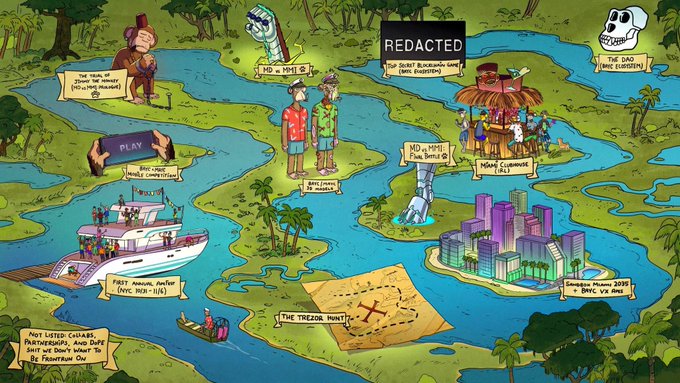 An illustrated treasure map style promotional graphic for a crypto-related project, featuring various cartoon locations including 'FIRST LANDING, ATLANTIS,' 'THE TREZOR HUNT,' and 'SINGAPORE PROMOS 2026.'