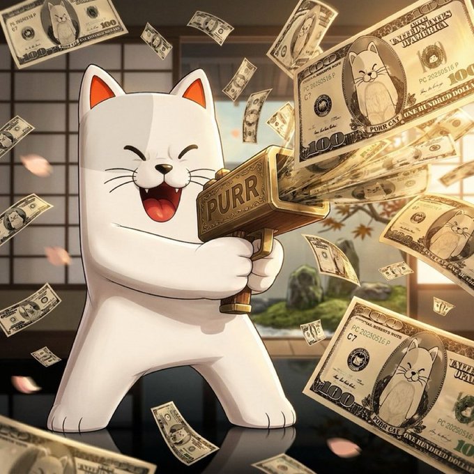 A jubilant cartoon cat wields a golden "PURR" money gun that sprays hundred-dollar bills, visually representing the financial gains promised over waiting for influencers like "frank" to FOMO-buy on a pump app at 4M market cap. The chaotic shower of cash embodies the urgency of the investment choice presented in the post.