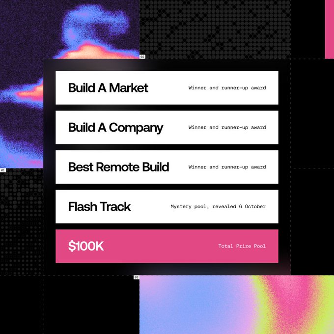 A vibrant graphic featuring a glitch-art aesthetic announces a US$100K prize pool with multiple award categories: "Build A Market" (Winner and runner-up award), "Build A Company" (Winner and runner-up award), "Best Remote Build" (Winner and runner-up award), and a "Flash Track" mystery pool to be revealed 6 October, visually reinforcing the post's message of multiple ways to win at the competition's finale.