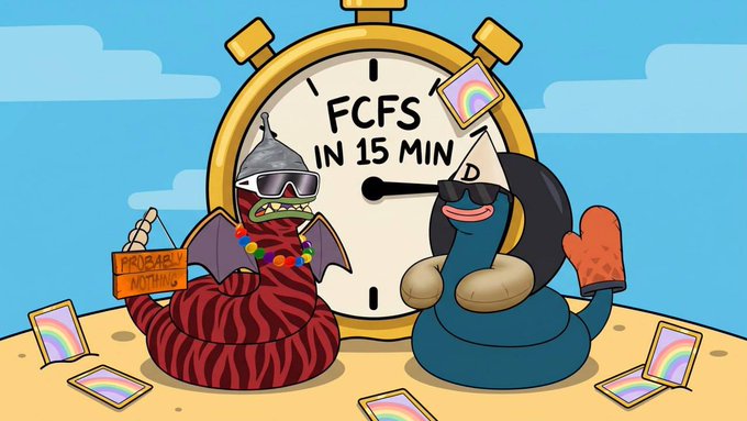 A cartoon stopwatch displays "FCFS IN 15 MIN" with two snake characters (one striped holding a "PROBABLY NOTHING" sign, and a blue one wearing a D-clown hat and oven mitt), surrounded by scattered rainbow cards, illustrating the upcoming FCFS token claim event at 20:00 CET for 50,000 $SLIPPY holders with 1 per wallet from a total supply of 3,456.