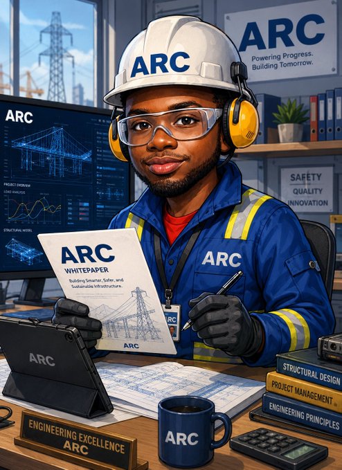 The image depicts a worker from ARC, a company dedicated to building tomorrow, as indicated by the company's name and slogan visible on the white paper and in the background. The person is reading a white paper titled 'ARC WHITEPAPER,' which emphasizes building smarter and safer infrastructure, aligning with the post's encouragement for architects and builders to keep advancing their ideas and projects.