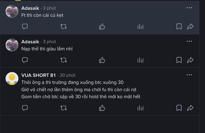 A series of Vietnamese social media comments: Adasaik posts 'Ft thì còn cải củ ket' and 'Nạp thẻ thì giàu lắm nhỉ'; VUA SHORT 81 comments 'Thôi ông ạ thị trường đang xuống btc xuống 30 Giờ vô chốt nợ lần thêm ông ma chơi fu thì còn cải nịt Gom tiền chờ btc sập về 30 rồi hold thế mới ko mất hết'.