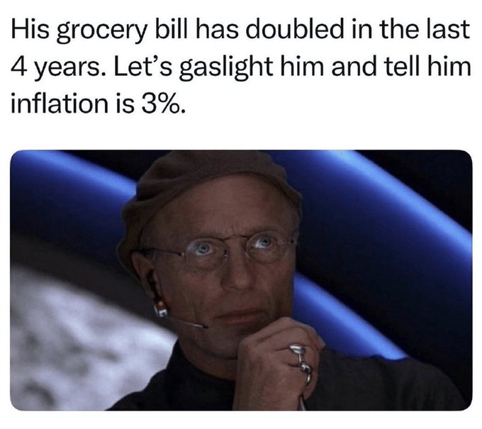 A meme featuring actor Steve Buscemi in a beanie and glasses, with text reading 'His grocery bill has doubled in the last 4 years. Let's gaslight him and tell him inflation is 3%.'