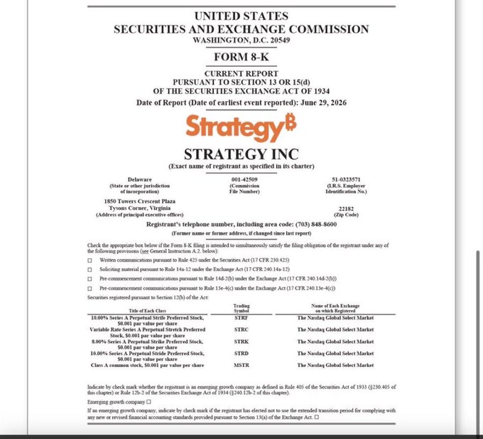 A Form 8-K Current Report from the SEC filed by Strategy Inc (formerly MicroStrategy) on June 29, 2026, listing multiple securities registered on Nasdaq including STRF, STRC, STRK, STRD, and MSTR. The filing supports the accompanying post's claim that Strategy made its "initial major" sale of 3,588 BTC (~$226M) to finance dividend payments on their digital credit securities.