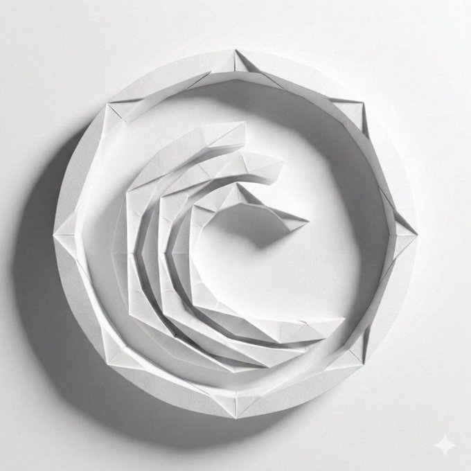 A 3D-rendered white paper or cardboard spiral with jagged edges sits on a plain surface, casting a shadow to the left.