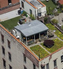 An aerial view reveals a charming rooftop garden oasis featuring a small wooden gazebo, lush greenery, and outdoor seating, set against the red brick walls of surrounding city buildings. The serene, nature-filled retreat perfectly complements the "magical" sentiment, offering a peaceful escape above the urban landscape.