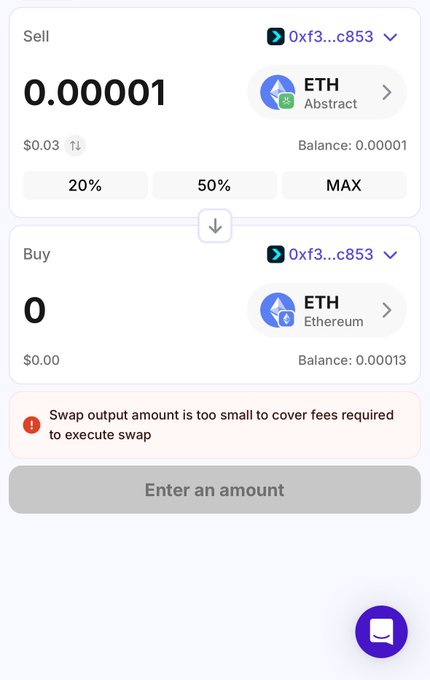 A crypto swap interface shows selling 0.00001 ETH on Abstract for $0.03, attempting to buy 0 ETH on Ethereum, with an error: 'Swap output amount is too small to cover fees required to execute swap'.