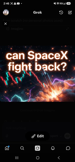 A Grok app screenshot showing an AI-generated image with the text 'can SpaceX fight back?' overlaid on a dramatic scene featuring a rocket, explosion, and stock market charts.