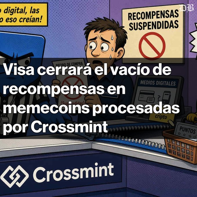 A Spanish-language cartoon-style news graphic with the headline 'Visa cerrará el vacío de recompensas en memecoins procesadas por Crossmint,' featuring a worried cashier at a counter with signs reading 'RECOMPENSAS SUSPENDIDAS' and the Crossmint logo.