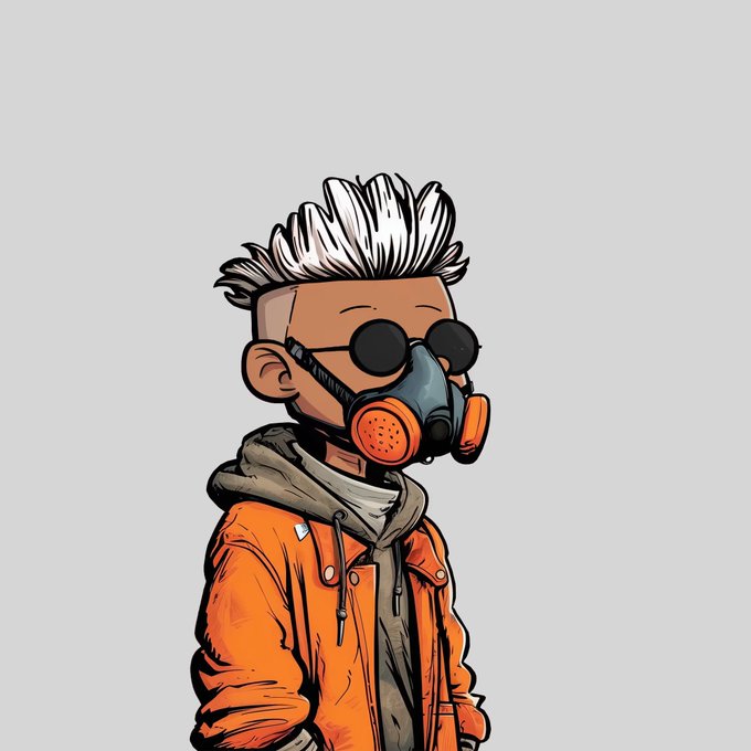 A stylized digital illustration of a character with spiky white hair, round black sunglasses, an orange and black gas mask, and an orange jacket against a gray background.
