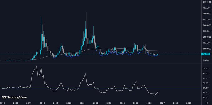 A TradingView chart displays Litecoin ($LTC) price action from 2015 to 2029, showing two major peaks above $300 in 2017-2018 and 2021, with a current price highlighted at $64.573, alongside a lower RSI indicator panel. The chart's timeframe visually supports the post's claim of scaling into LTC between November 2025 and August 2026 at an average entry of ~$55, with blue buy markers visible in that recent accumulation zone where prices traded near the $50-65 range.
