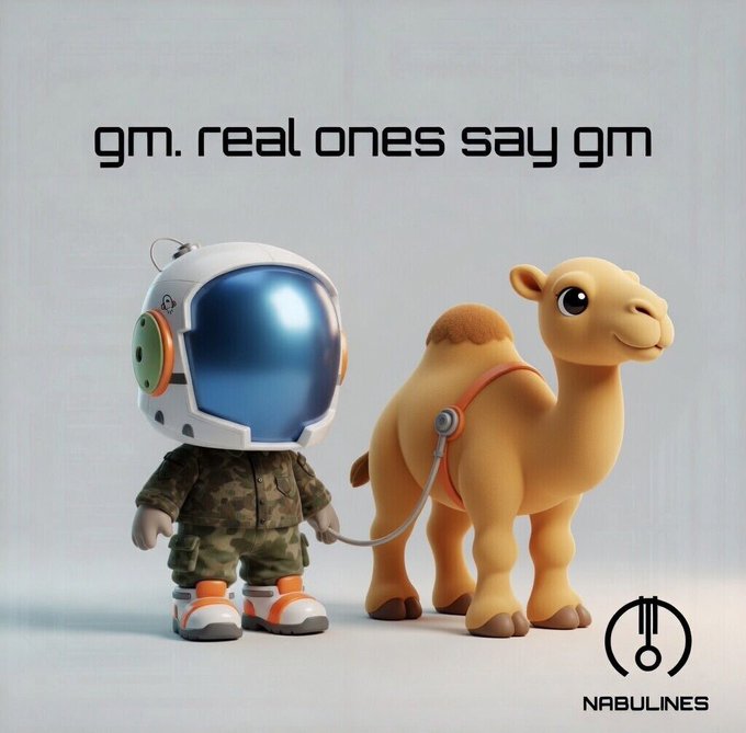 A 3D-rendered illustration features a small astronaut in camouflage clothing holding a stethoscope to a smiling tan camel, with the text 'gm. real ones say gm' above them and a 'NABULINES' logo in the bottom right corner.